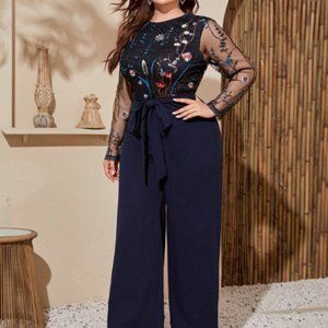 Plus Embroidered Mesh Bodice Belted Jumpsuit